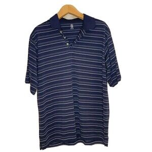 PGA Tour Shirt Mens XXL Blue Green White Striped Polo Navy Collared 2XL